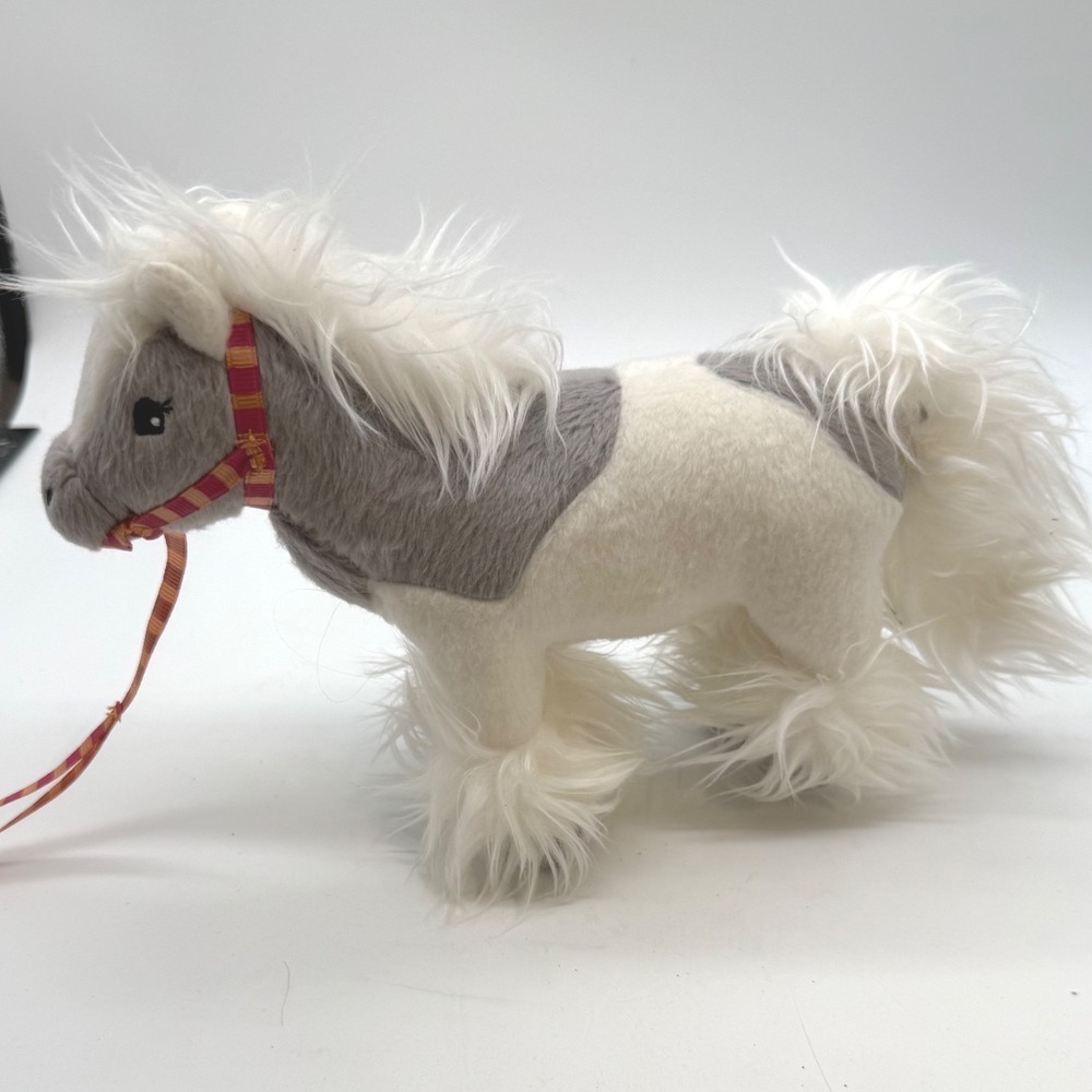 American Girl Doll Gray White Plush Pony Horse Ribbon Bridle Faux Fur Mane Tail